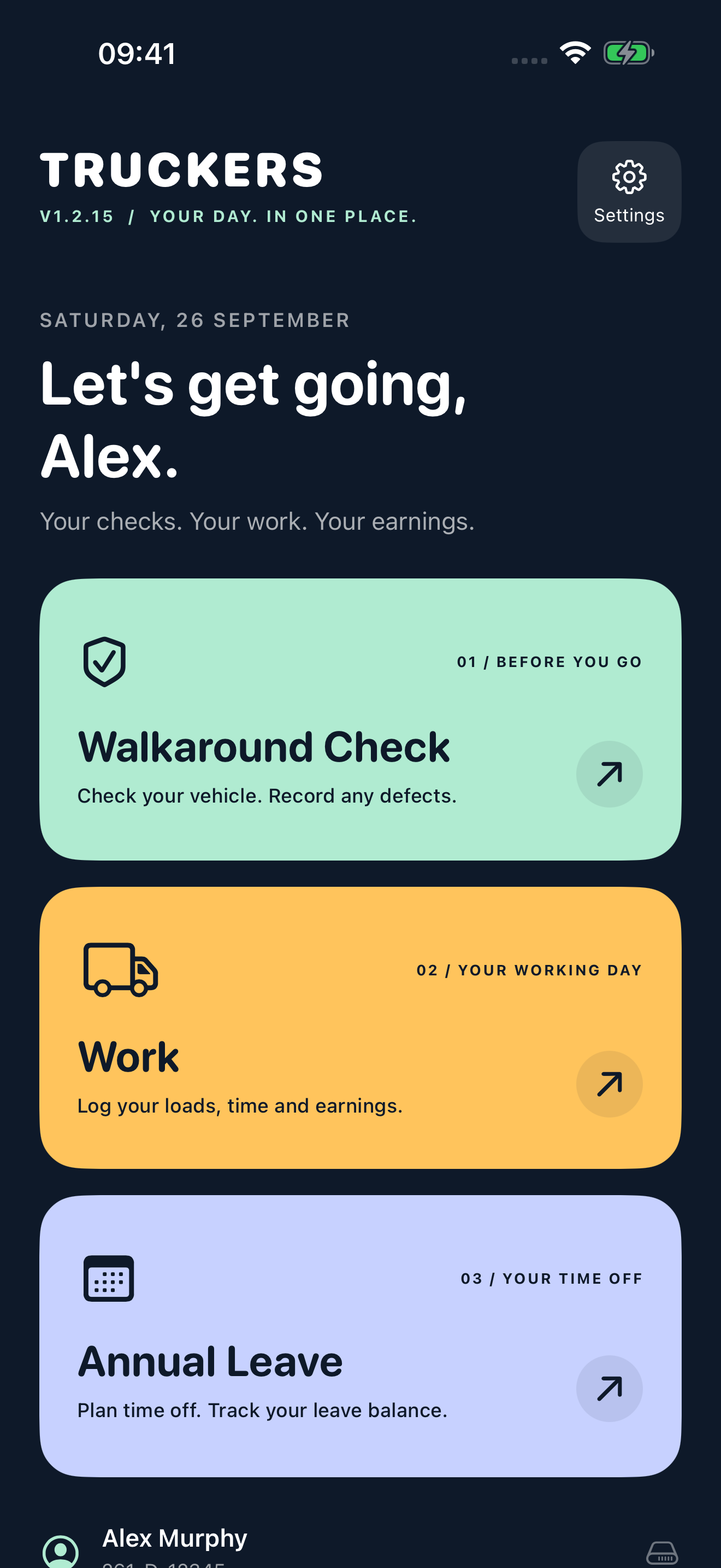 Truckers home screen with Walkaround Check, Work and Annual Leave