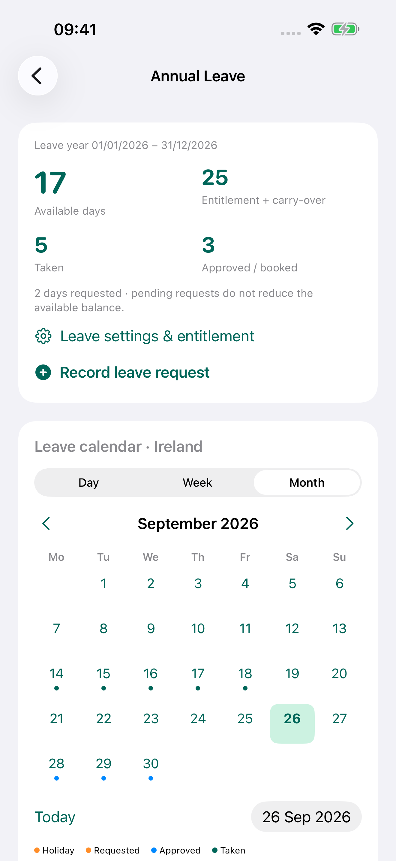 Annual leave calendar and leave balance
